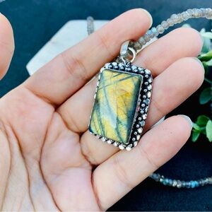 Labradorite Pendant Necklace Beaded Sterling Silver rectangle